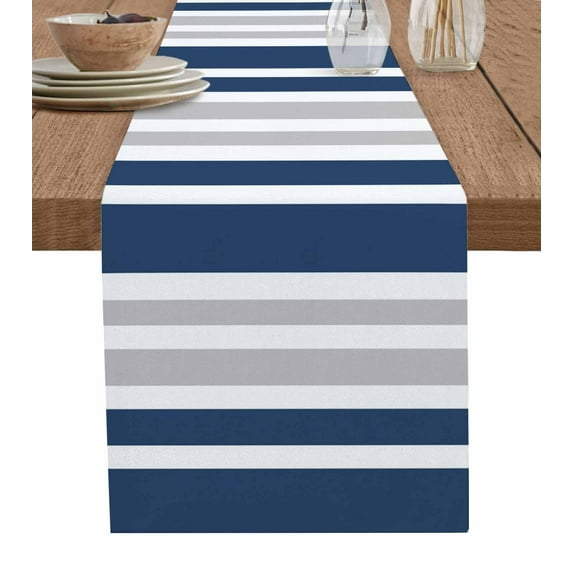 ERUNPONLY Navy Blue Grey Stripe Table Runner - 72 Inch Long Farmhouse Minimalist Striped Cotton and Linen Blended Dress Scarves Farmhouse Table Runner for Kitchen Dining, Coffee Table, 16"x72"