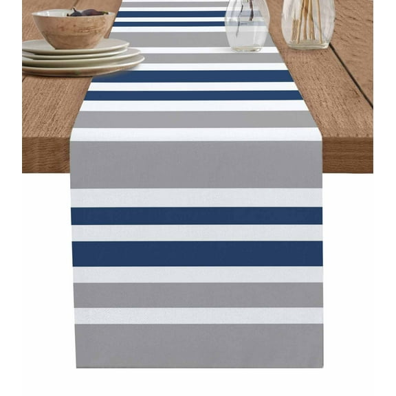 ERUNPONLY Navy Blue Grey Stripes Table Runner - 72 Inch Long Simple Striped Lines Minimalist Cotton and Linen Blended Dress Scarves Farmhouse Table Runner for Kitchen Dining, Coffee Table, 16"x72"