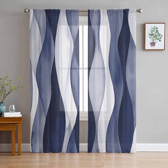 ERUNPONLY Navy Blue Sheer Curtains 72 Inch Length 2 Panels Set, Modern Moire Abstract Ripple Geometric Voile Window Treatment Curtains Sheers Drapes for Bedroom/Living Room/Kitchen 52"x72"x2