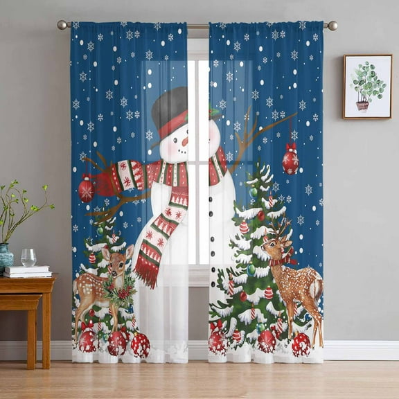 ERUNPONLY Navy Blue Snowman Christmas Sheer Curtains 96 Inch Length 2 Panels Set, Xmas Tree Ball Snowflake Elk Voile Window Treatment Sheer Long Curtains for Bedroom/Living Room/Kitchen 52"x96"x2