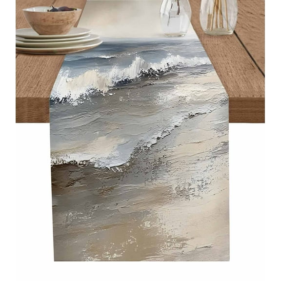 ERUNPONLY Ocean Table Runner - 48 Inch Long Grey Sky Abstract Beach Minimalism Art Cotton and Linen Blended Dress Scarves Farmhouse Table Runner for Kitchen Dining, Coffee Table, 13" x 48"