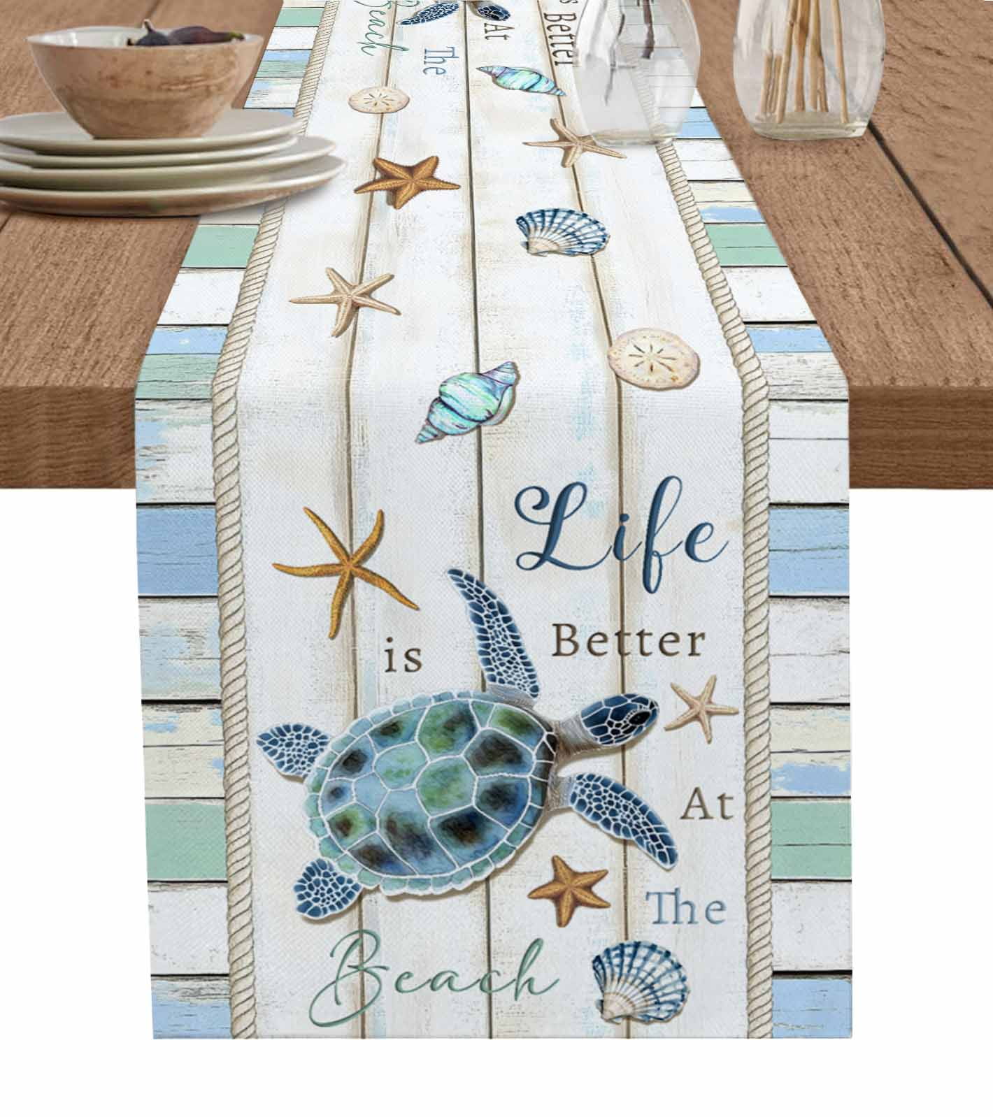 ERUNPONLY Ocean Turtle Table Runner - 90 Inch Long Coastal Blue ...