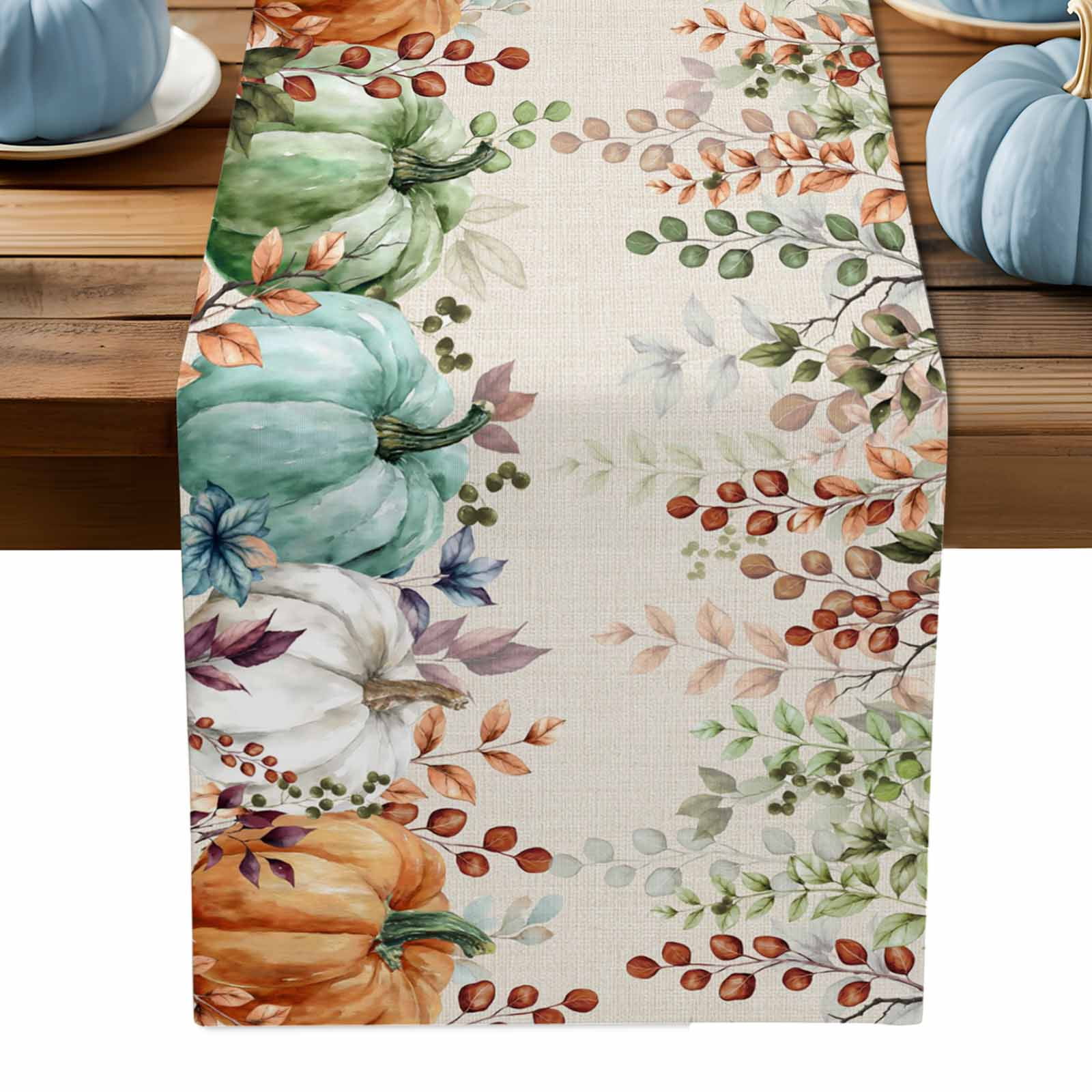 ERUNPONLY Orange Blue Green Fall Table Runner - 72 Inch Long Botanical ...