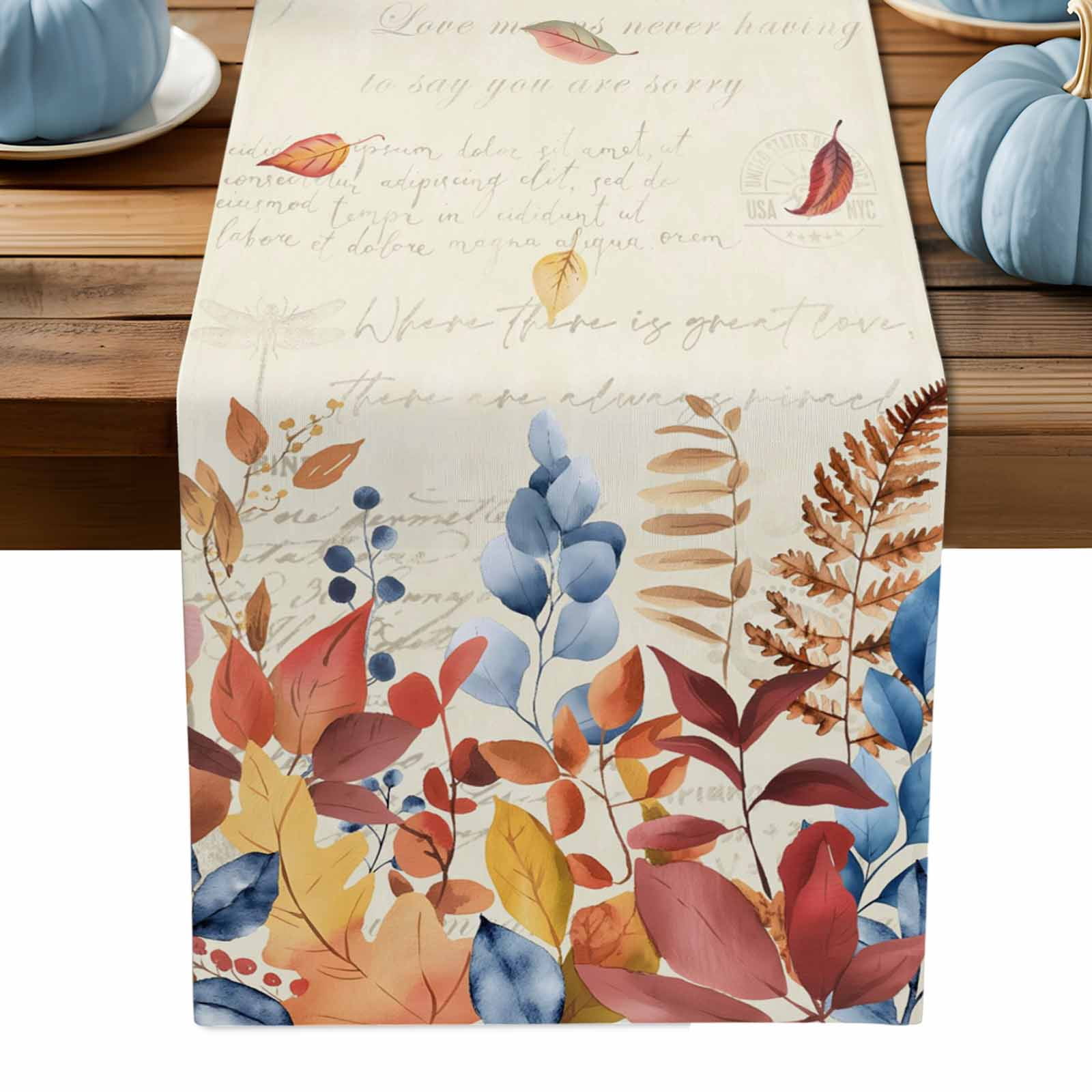 ERUNPONLY Orange Blue Leaf Fall Table Runner - 108 Inch Long Autumn ...