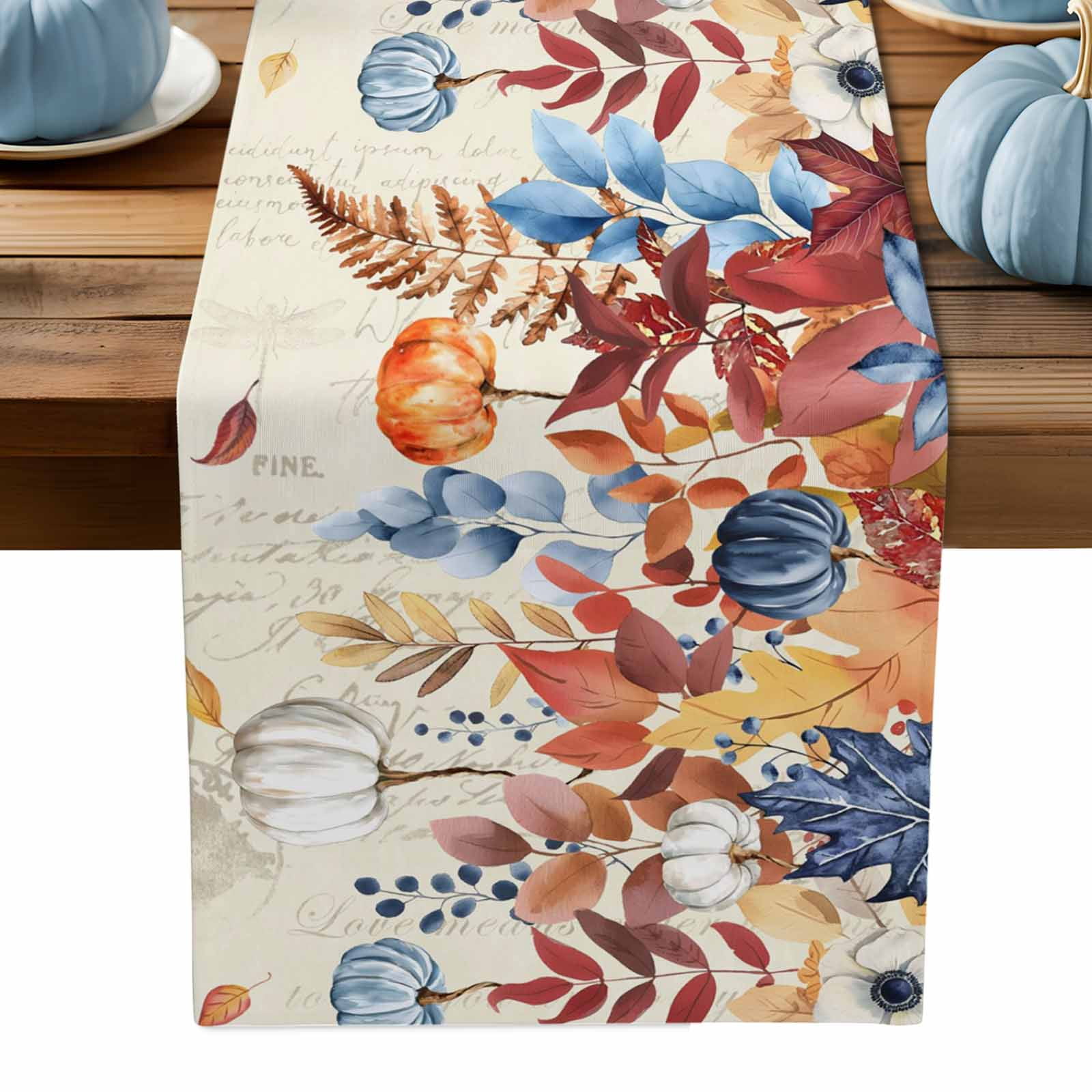 ERUNPONLY Orange Blue Leaves Fall Table Runner - 72 Inch Long ...