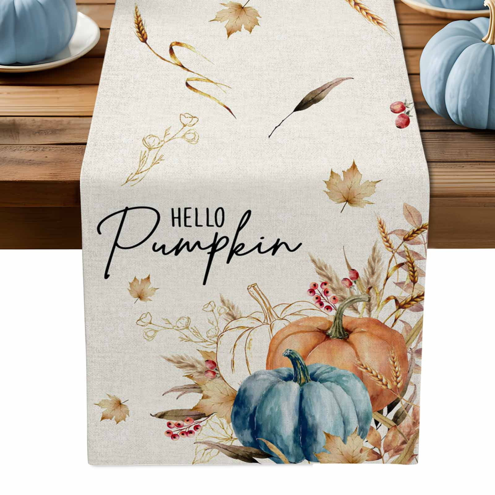 ERUNPONLY Orange Blue Pumpkin Fall Table Runner - 120 Inch Long ...