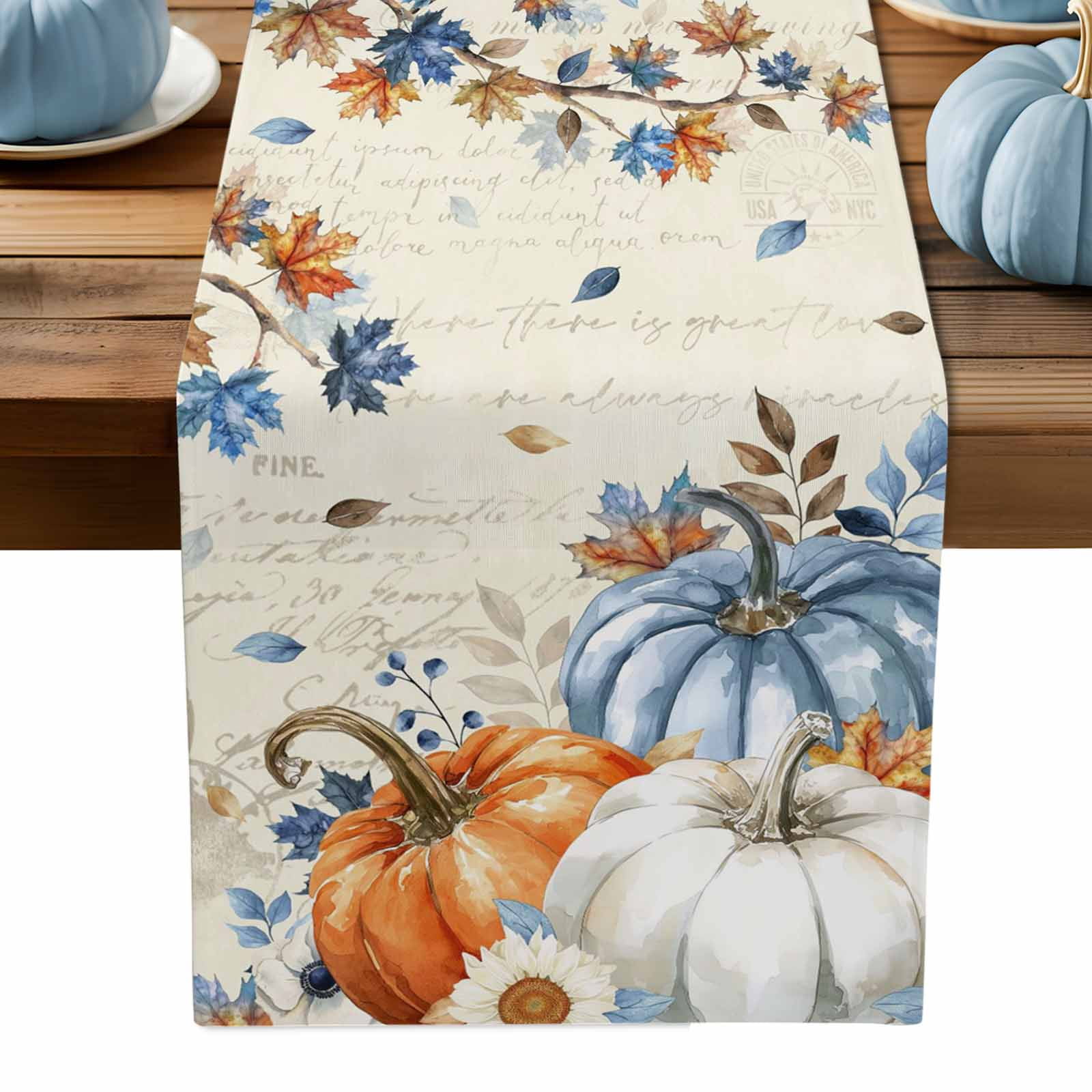 ERUNPONLY Orange Blue Pumpkin Fall Table Runner - 60 Inch Long ...