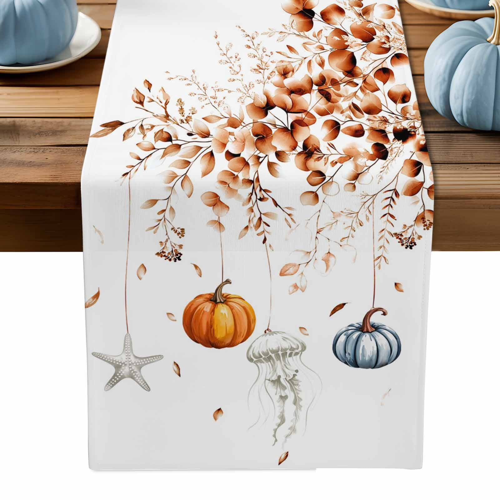 ERUNPONLY Orange Blue Pumpkins Fall Table Runner - 72 Inch Long Coastal ...
