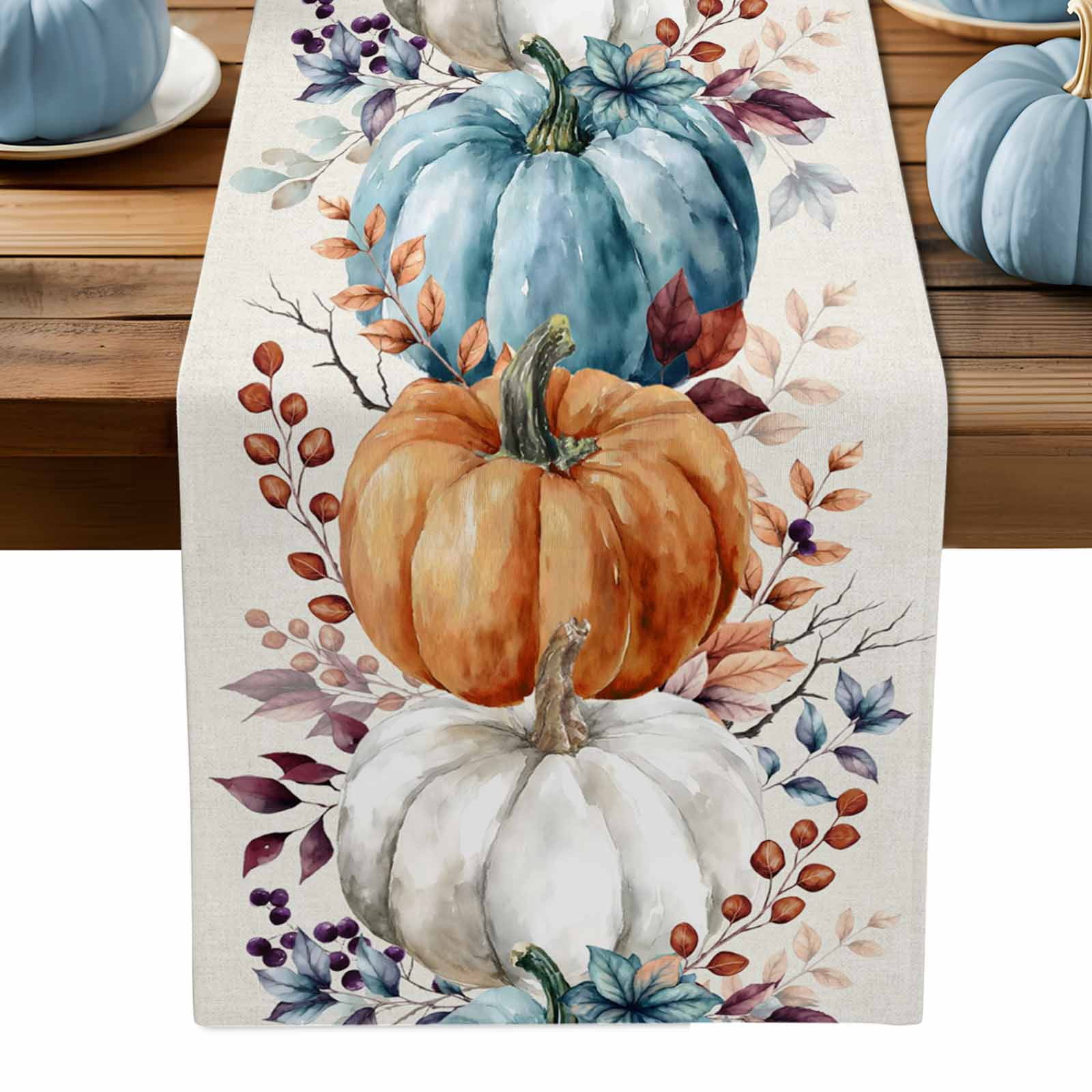 ERUNPONLY Orange Blue Pumpkins Fall Table Runner - 72 Inch Long ...