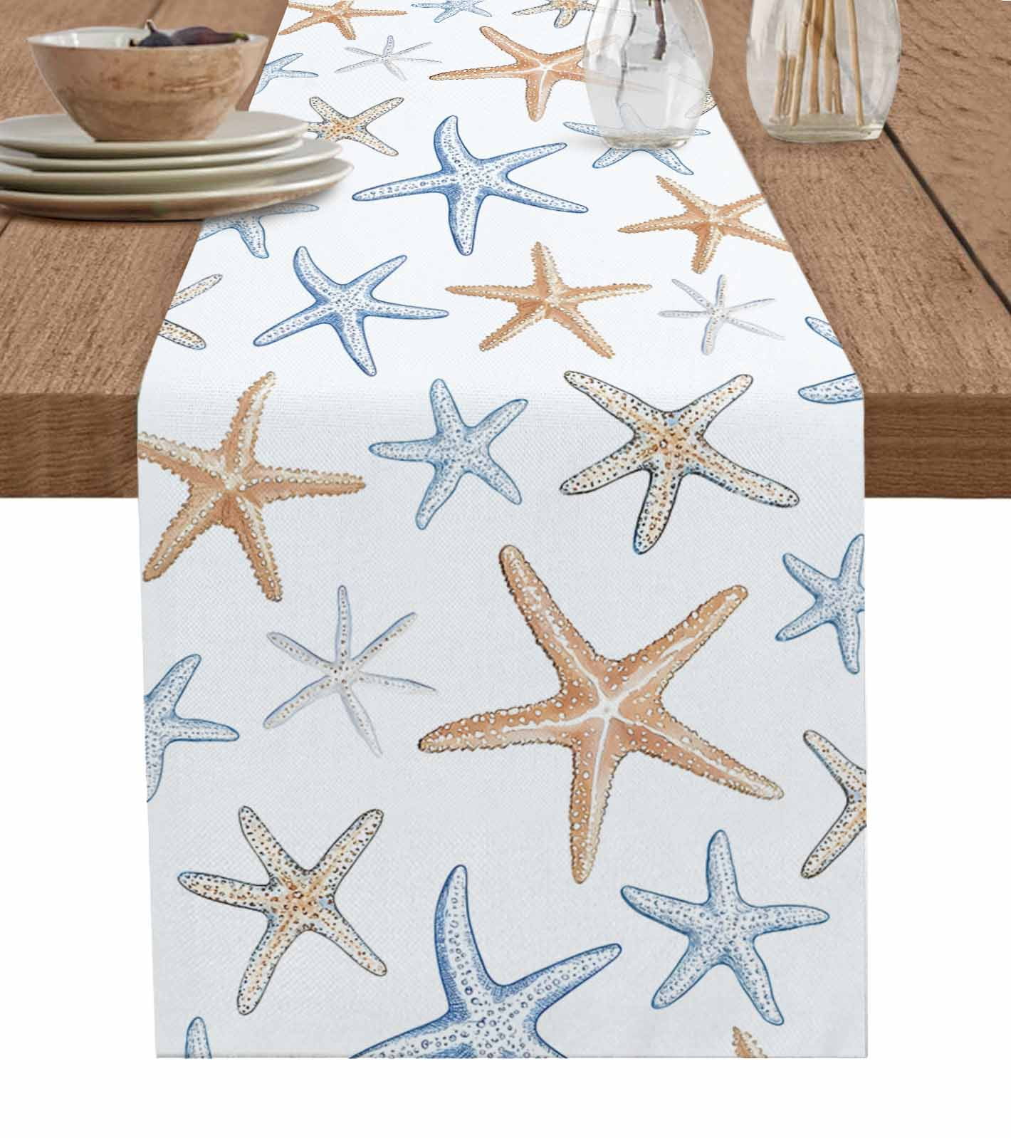 ERUNPONLY Orange Blue Starfish Table Runner - 72 Inch Long Summer Beach ...