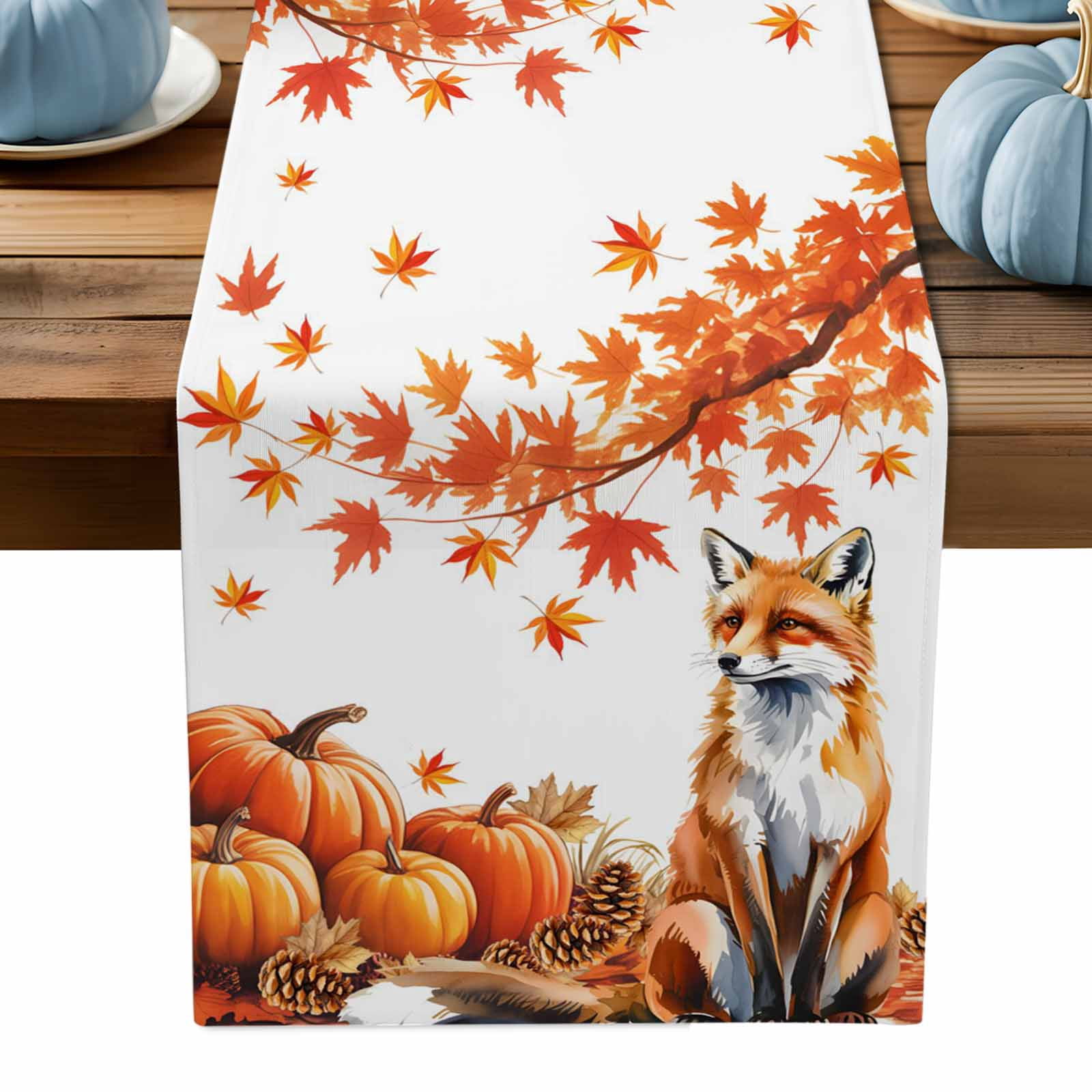 ERUNPONLY Orange Fall Maple Table Runner - 70 Inch Long Fox Pumpkins ...