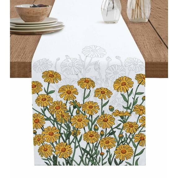 ERUNPONLY Orange Flower Table Runner - 90 Inch Long Chrysanthemum Watercolor Leaf Floral Cotton and Linen Blended Dress Scarves Farmhouse Table Runner for Kitchen Dining, Coffee Table, 13"x90"