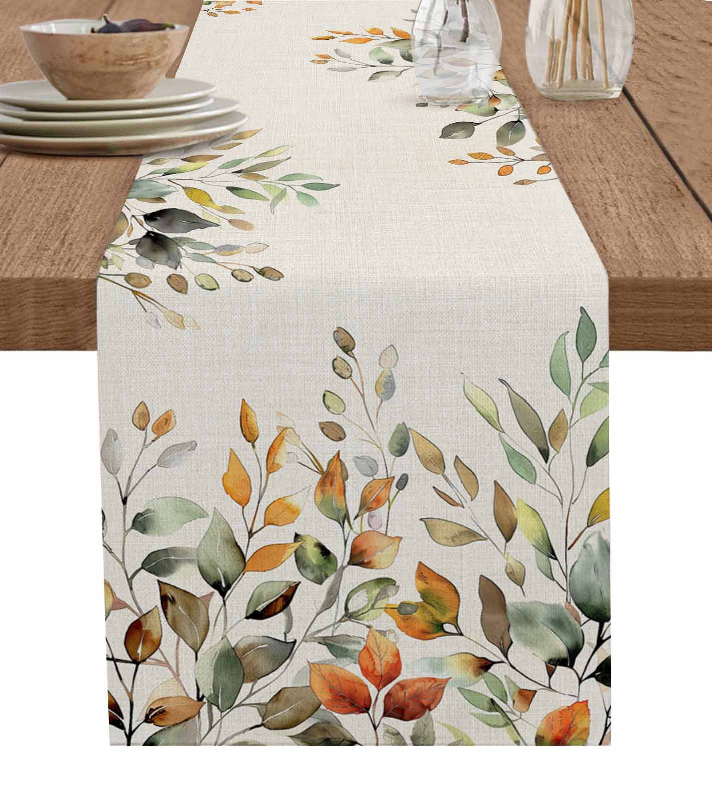 ERUNPONLY Orange Green Eucalyptus Leaves Table Runner - 72 Inch Long ...