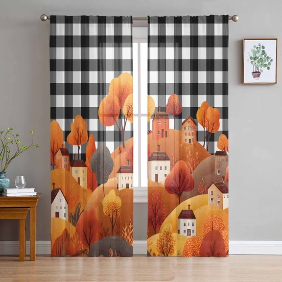 ERUNPONLY Orange Hill Fall Sheer Curtains 63 Inch Length 2 Panels Set, Thanksgiving Trees Cartoon House Retro Plaid Voile Window Treatment Curtains Sheers for Bedroom/Living Room/Kitchen 52x"63"x2
