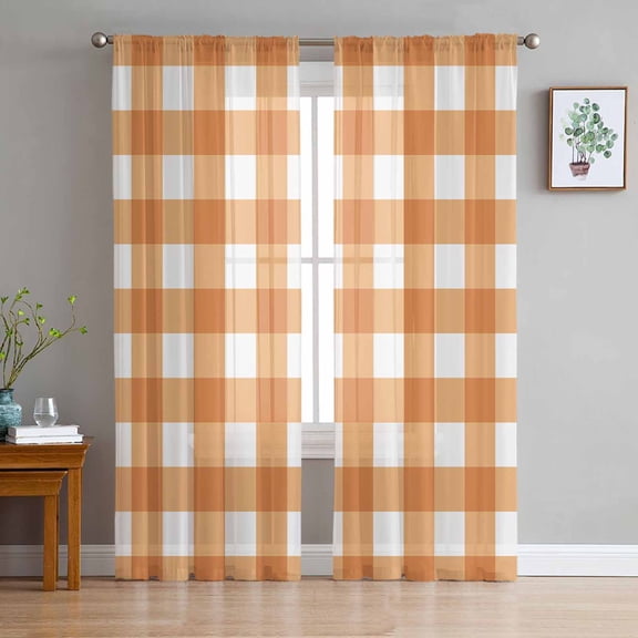 ERUNPONLY Orange Plaid Sheer Curtains 63 Inch Length 2 Panels Set, Gradient Geometric Buffalo White Checkered Voile Window Treatment Curtains Sheers Drapes for Bedroom/Living Room/Kitchen 52x"63"x2