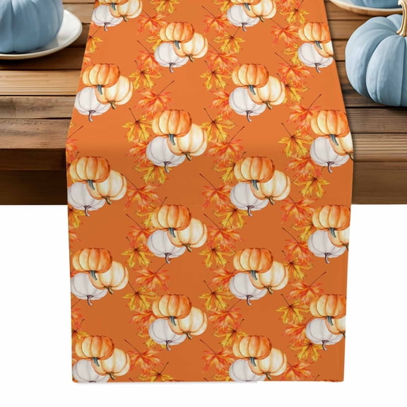 ERUNPONLY Orange Pumpkin Fall Table Runner - 48 Inch Long Thanksgiving Maple Leaves Autumn Cotton and Linen Blended Dress Scarves Farmhouse Table Runner for Kitchen Dining, Coffee Table, 13" x 48"