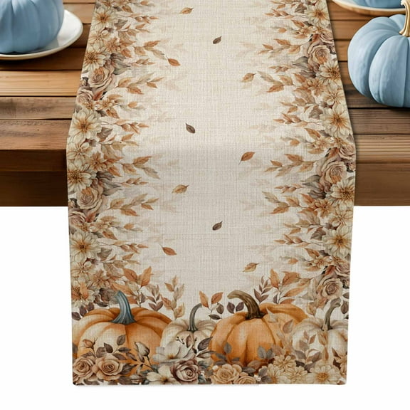 ERUNPONLY Orange Pumpkins Fall Table Runner - 36 Inch Long Thanksgiving Leaves Floral Rustic Cotton and Linen Blended Dress Scarves Farmhouse Table Runner for Kitchen Dining, Coffee Table, 13" x 36"