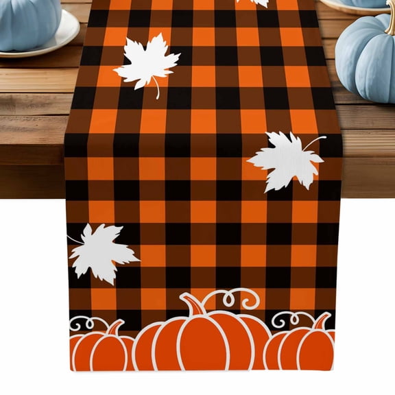 ERUNPONLY Orange Pumpkins Table Runner - 120 Inch Long Fall Maple Black Plaid Farmhouse Rustic Cotton Linen Blended Dress Scarves Farmhouse Table Runner for Kitchen Dining, Coffee Table, 13" x 120"