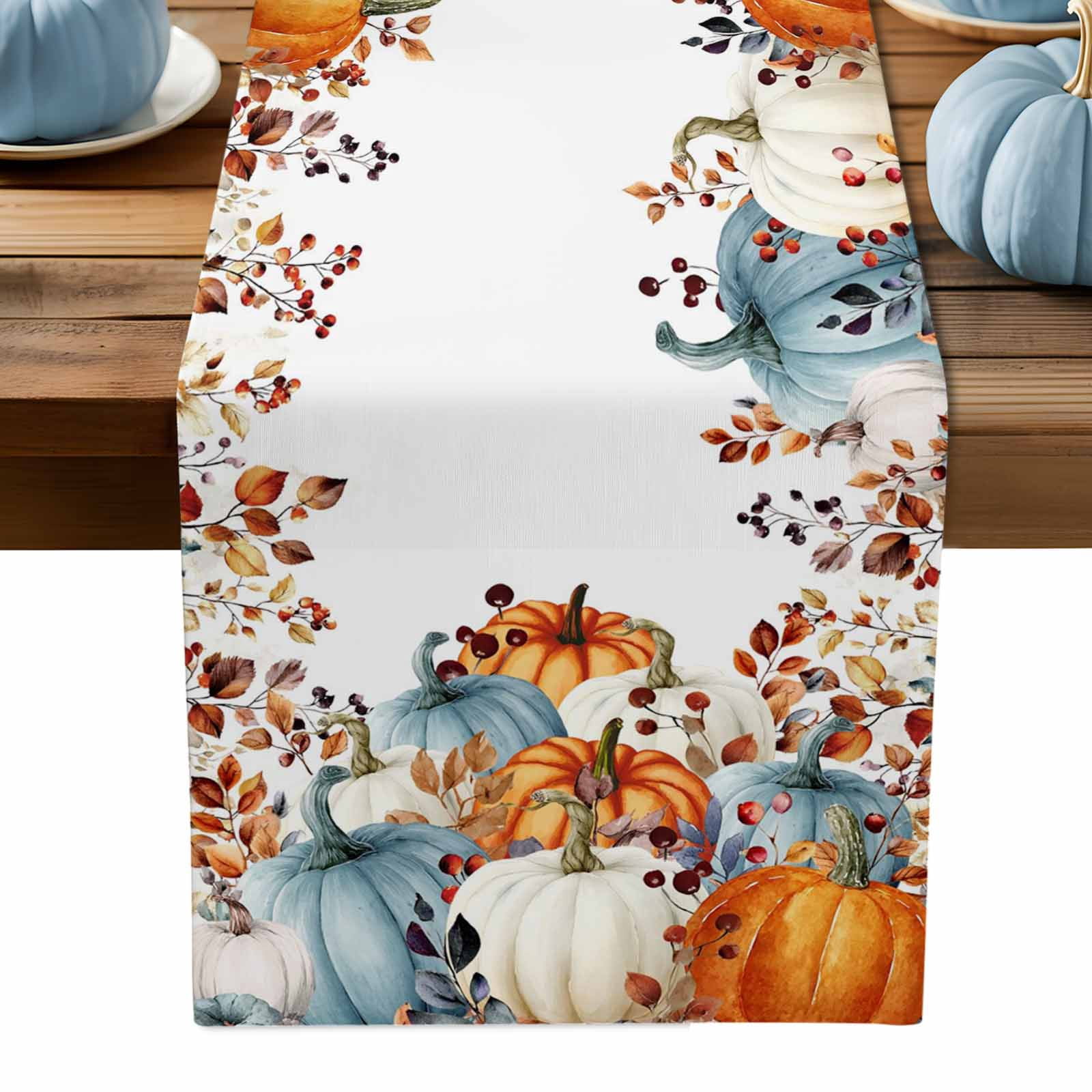 ERUNPONLY Orange Teal Pumpkins Fall Table Runner - 72 Inch Long Maple ...