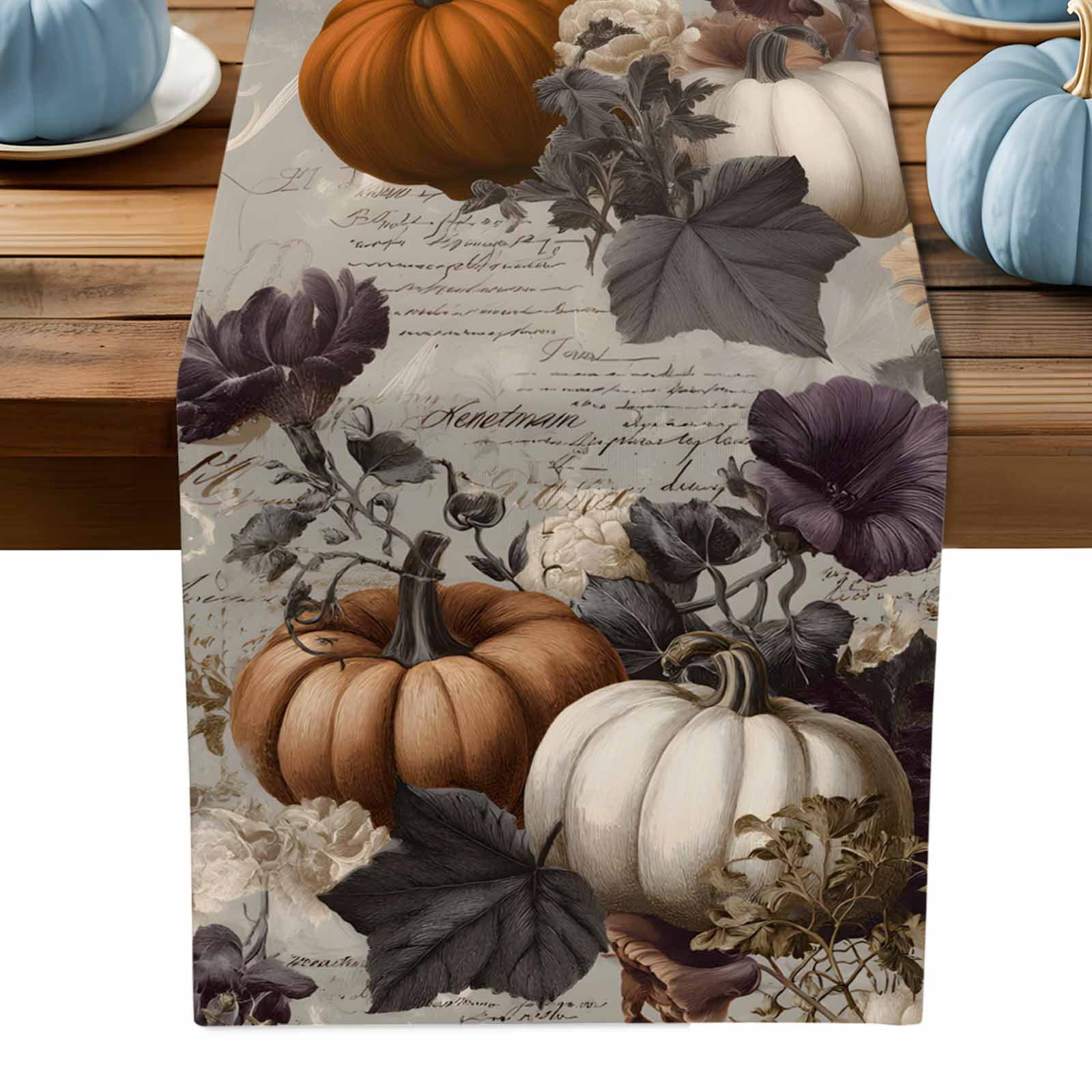 ERUNPONLY Orange White Pumpkins Fall Table Runner - 108 Inch Long ...