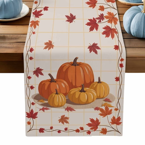 ERUNPONLY Orange Yellow Pumpkin Fall Table Runner - 108 Inch Long Thanksgiving Maple Leaf Checked Cotton Linen Blended Dress Scarves Farmhouse Table Runner for Kitchen Dining, Coffee Table, 13"x108"