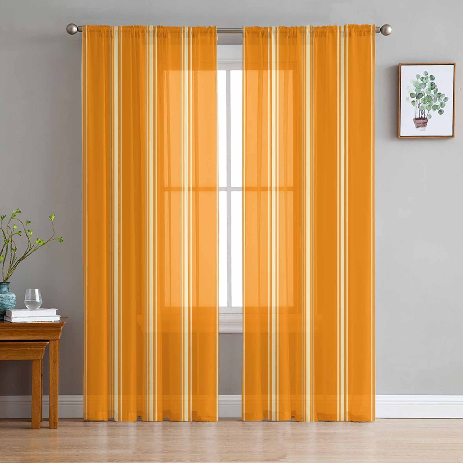 ERUNPONLY Orange Yellow Striped Sheer Curtains 84 Inch Length 2 Panels ...