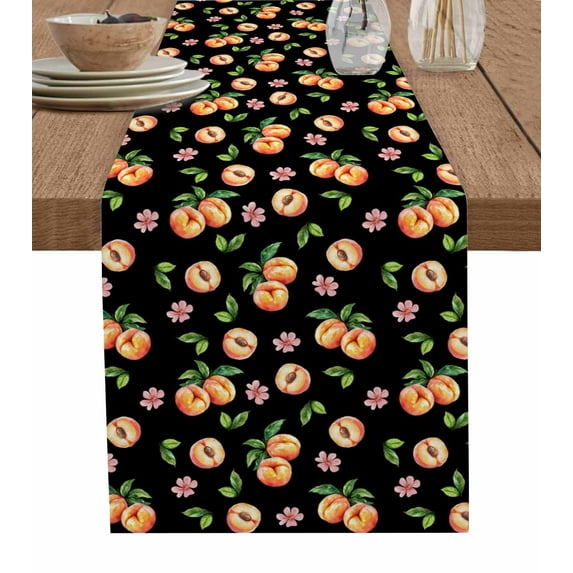 ERUNPONLY Peaches Table Runner - 60 Inch Long Summer Fruit Flowers Spring Watercolor Black Cotton and Linen Blended Dress Scarves Farmhouse Table Runner for Kitchen Dining, Coffee Table, 13"x60"