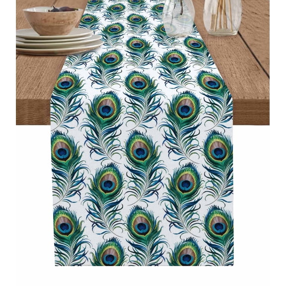 ERUNPONLY Peacock Feathers Table Runner - 36 Inch Long Modern Watercolor Peacock Cotton and Linen Blended Dress Scarves Farmhouse Table Runner for Kitchen Dining, Coffee Table, 13"x36"