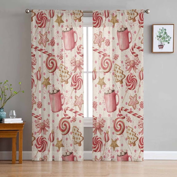 ERUNPONLY Pink Christmas Candy Sheer Curtains 96 Inch Length 2 Panels Set, Winter Xmas Tree Cane Retro Beige Voile Window Treatment Sheer Long Curtains for Bedroom/Living Room/Kitchen 52"x96"x2
