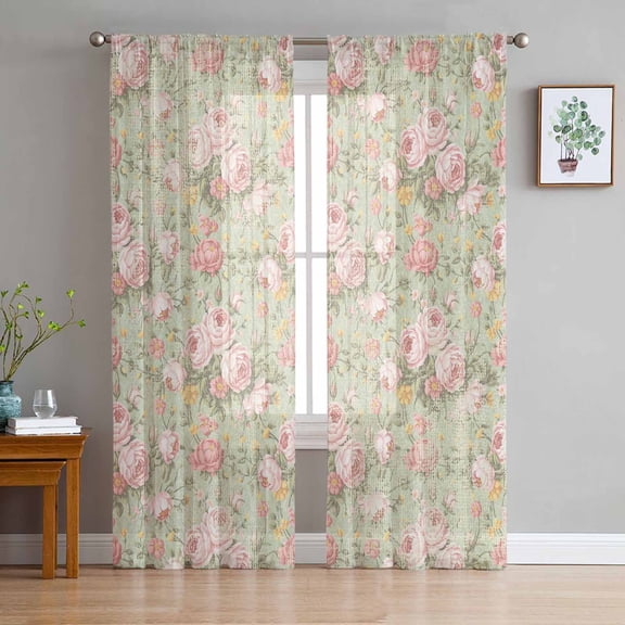 ERUNPONLY Pink Flowers Sheer Curtains 96 Inch Length 2 Panels Set, Green Country Botanical Floral Leaves Voile Window Treatment Sheer Long Curtains Drapes for Bedroom/Living Room/Kitchen 52"x96"x2