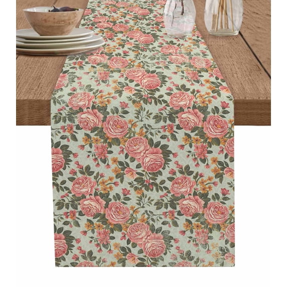 ERUNPONLY Pink Flowers Table Runner - 72 Inch Long Romantic Botanical Floral Leaves Plants Cotton and Linen Blended Dress Scarves Farmhouse Table Runner for Kitchen Dining, Coffee Table, 18"x72"