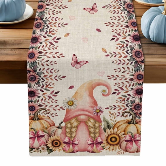 ERUNPONLY Pink Gnomes Fall Table Runner - 36 Inch Long Thanksgiving Pumpkin Sunflower Linen Texture Cotton Linen Dress Scarves Farmhouse Table Runner for Kitchen Dining, Coffee Table, 13" x 36"