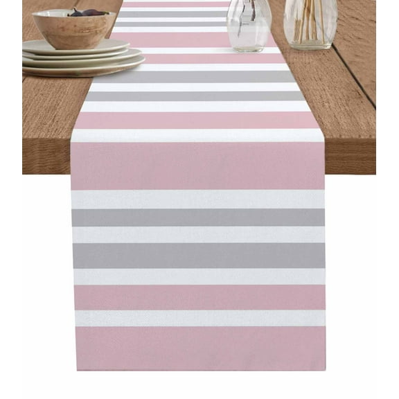 ERUNPONLY Pink Grey Stripe Table Runner - 90 Inch Long Farmhouse Minimalist Striped Cotton and Linen Blended Dress Scarves Farmhouse Table Runner for Kitchen Dining, Coffee Table, 13"x90"