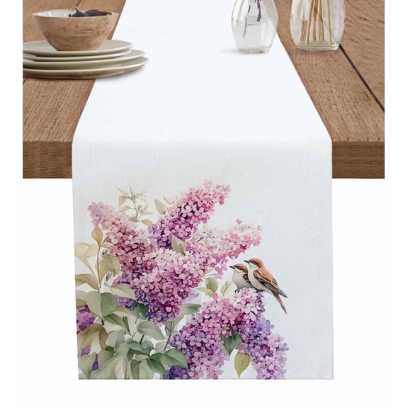 ERUNPONLY Pink Lavender Bird Table Runner - 36 Inch Long Garden Floral Sparrow Flowers Leaf Cotton and Linen Blended Dress Scarves Farmhouse Table Runner for Kitchen Dining, Coffee Table, 13"x36"