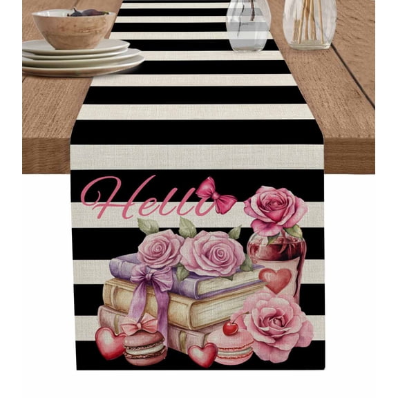ERUNPONLY Pink Rose Table Runner - 36 Inch Long Books Cake Wine Black Beige Striped Cotton and Linen Blended Dress Scarves Farmhouse Table Runner for Kitchen Dining, Coffee Table, 13"x36"