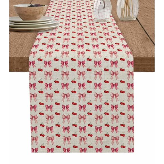 ERUNPONLY Pink Sweet Bow Table Runner - 72 Inch Long Red Cherry Beige Retro Artwork Cotton and Linen Blended Dress Scarves Farmhouse Table Runner for Kitchen Dining, Coffee Table, 14"x72"