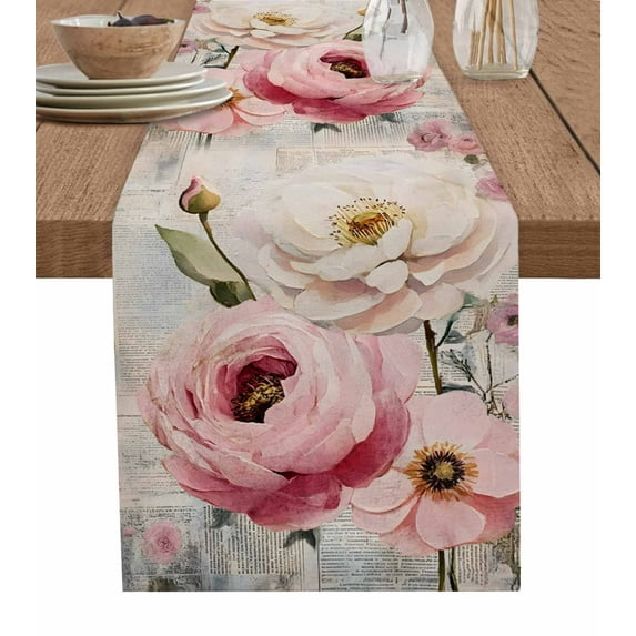 ERUNPONLY Pink White Spring Floral Table Runner - 36 Inch Long Vintage Flowers Watercolor Cotton and Linen Blended Dress Scarves Farmhouse Table Runner for Kitchen Dining, Coffee Table, 13"x36"