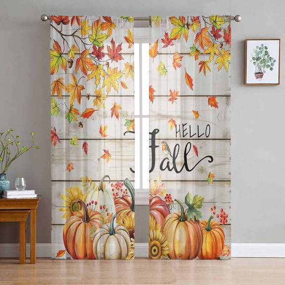 ERUNPONLY Pumpkin Fall Sheer Curtains 63 Inch Length 2 Panels Set, Thanksgiving Maple Leaves Wood Autumn Voile Window Treatment Curtains Sheers Drapes for Bedroom/Living Room/Kitchen 52x"63"x2