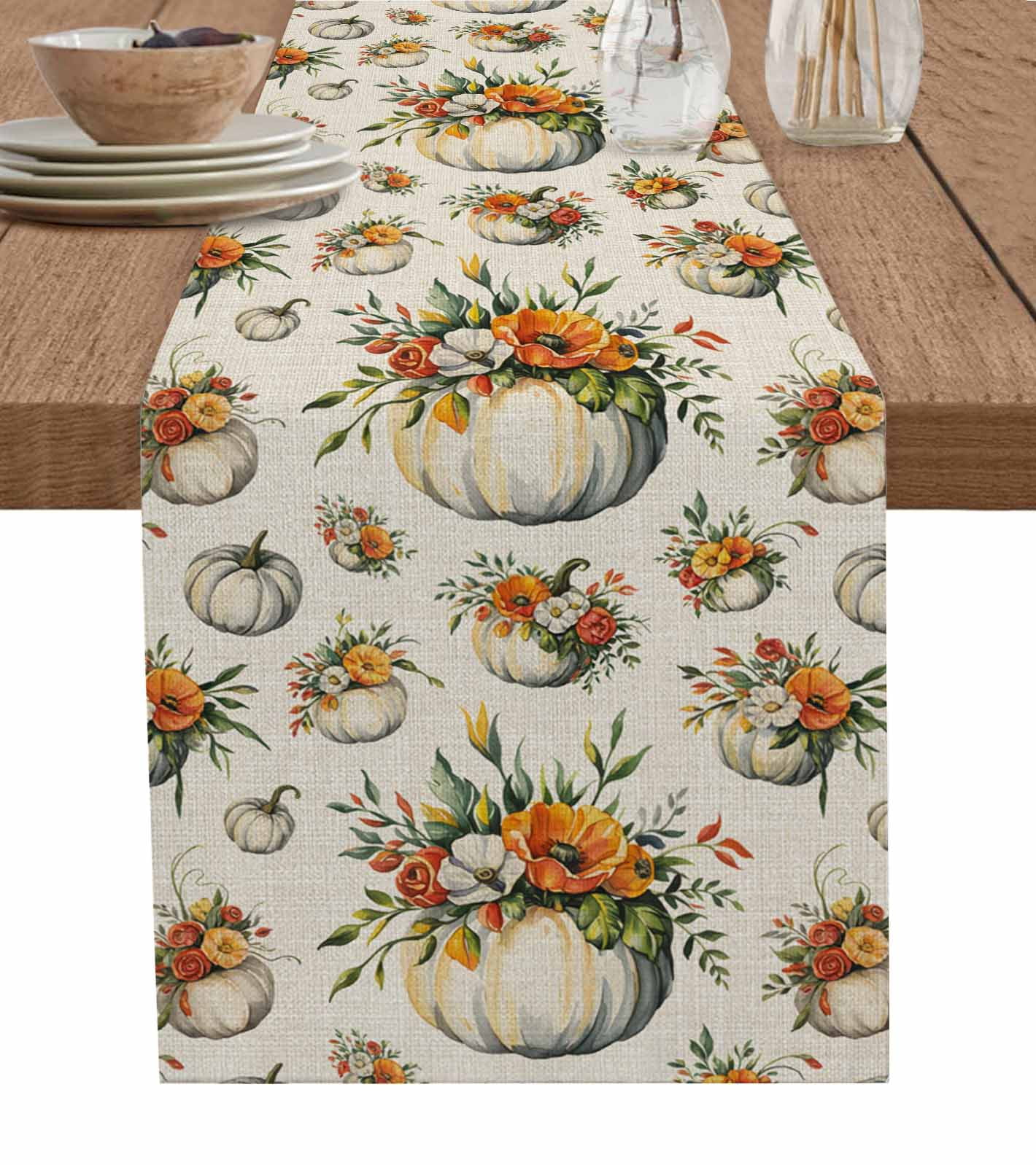 ERUNPONLY Pumpkin Floral Fall Table Runner - 108 Inch Long Thanksgiving ...