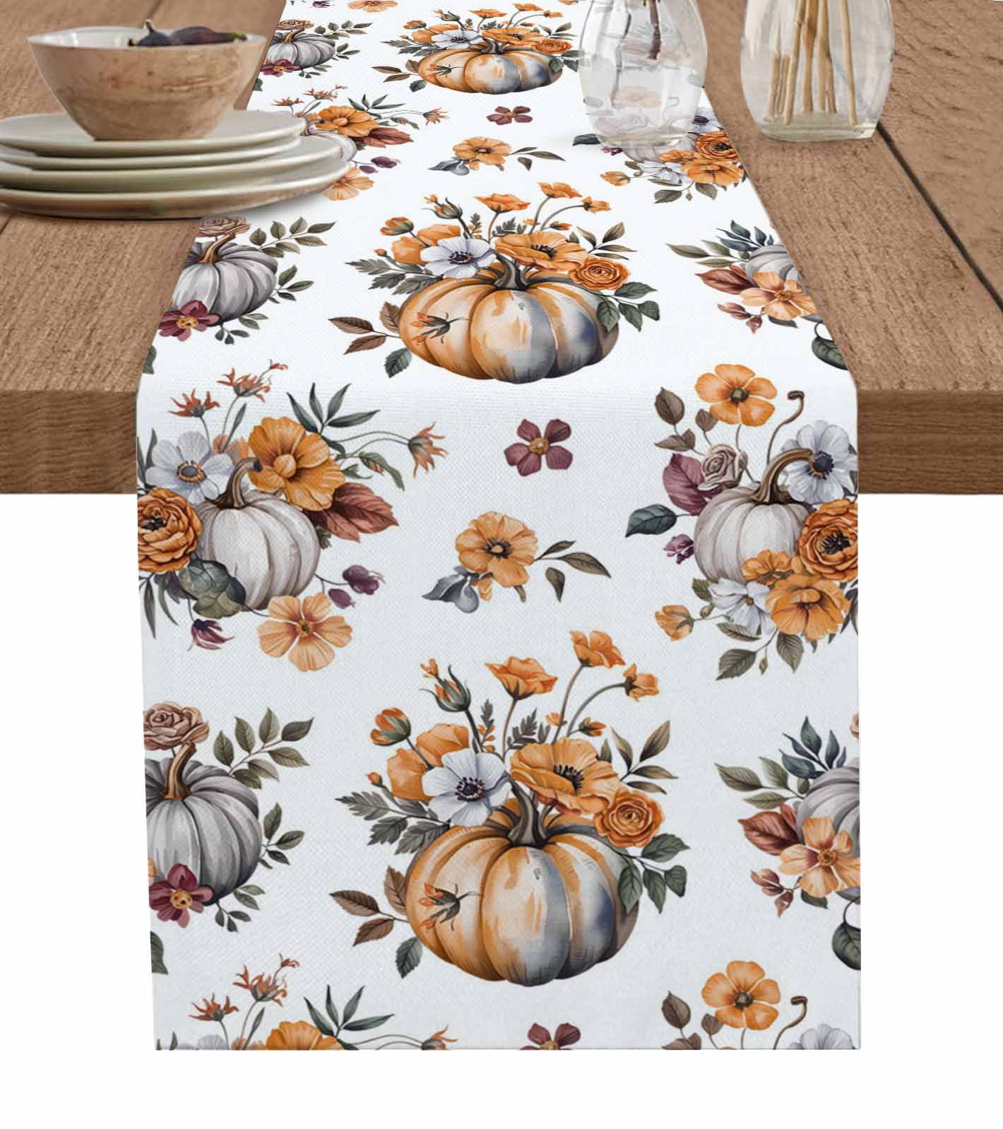 ERUNPONLY Pumpkin Floral Fall Table Runner - 72 Inch Long Thanksgiving ...
