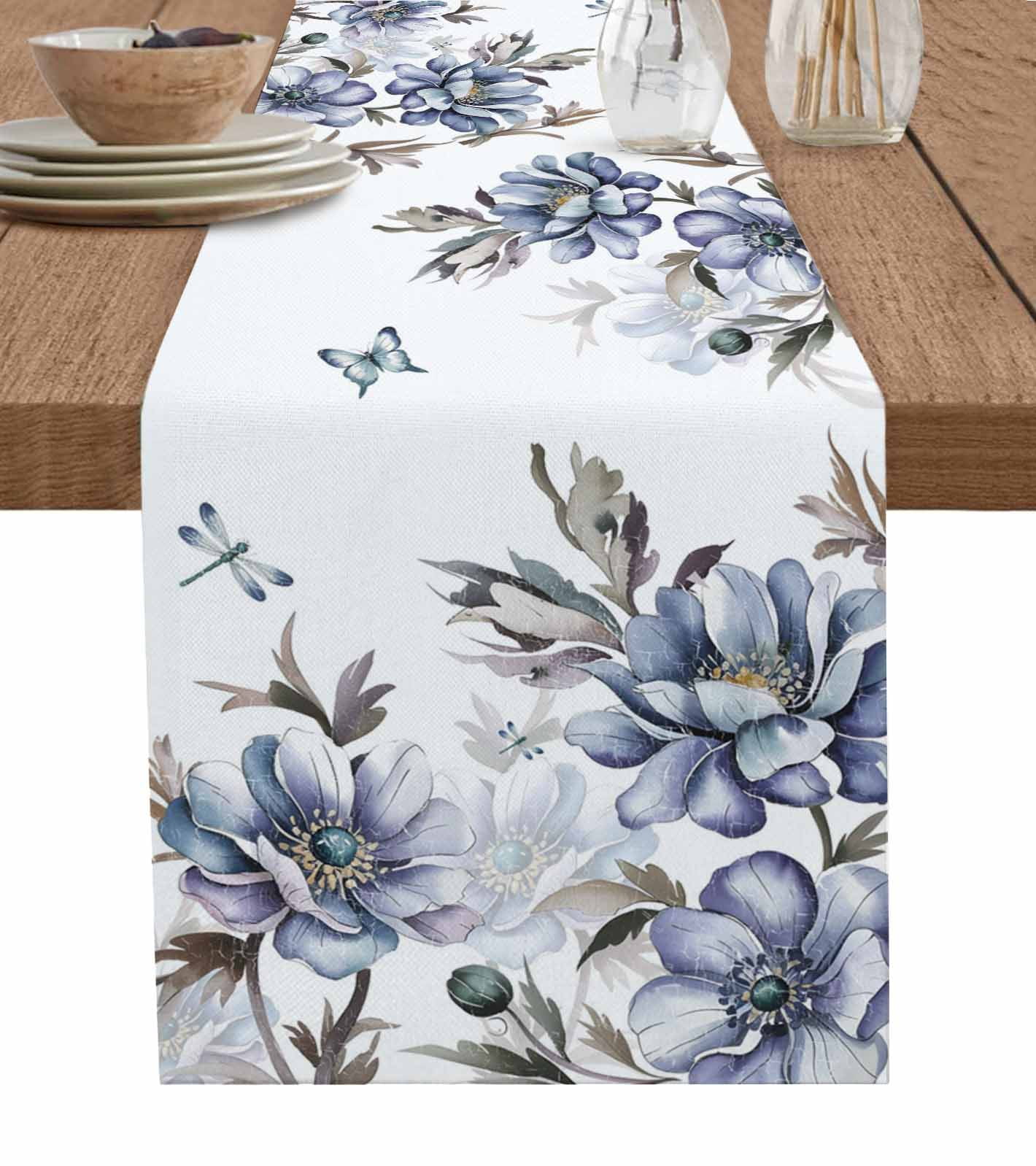 ERUNPONLY Purple Blue Flowers Table Runner - 108 Inch Long Watercolor ...