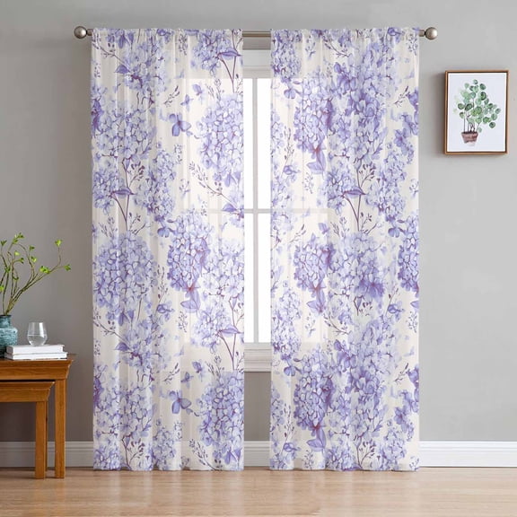 ERUNPONLY Purple Floral Sheer Curtains 96 Inch Length 2 Panels Set, Hydrangeas Flower Spring Summer Botanical Voile Window Treatment Sheer Long Curtains for Bedroom/Living Room/Kitchen 52"x96"x2