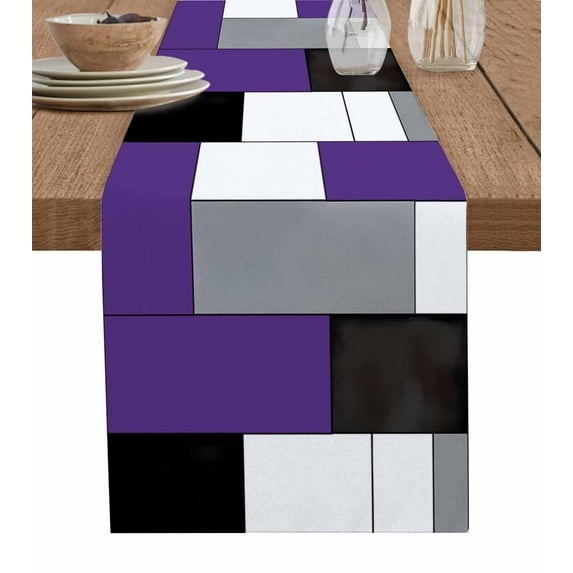 ERUNPONLY Purple Grey Table Runner - 108 Inch Long Modern Purple Geometric Cotton and Linen Blended Dress Scarves Farmhouse Table Runner for Kitchen Dining, Coffee Table, 13" x 108"