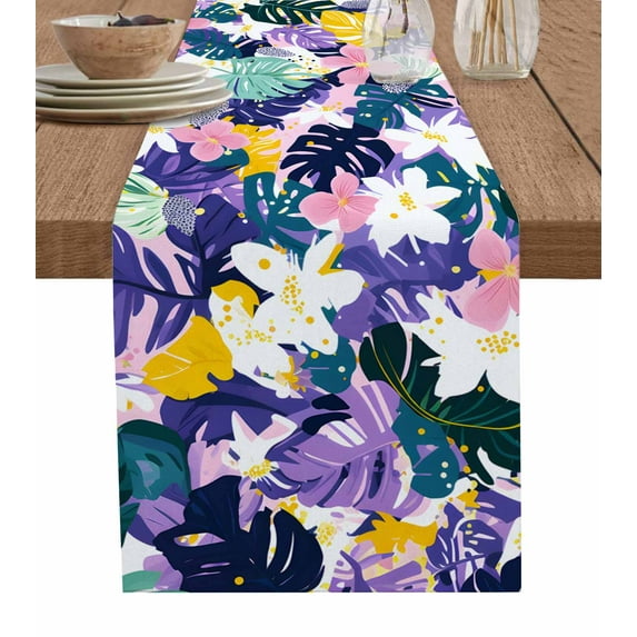 ERUNPONLY Purple Palm Leaf Table Runner - 108 Inch Long Tropical Flower Summer Boho Botanical Cotton and Linen Blended Dress Scarves Farmhouse Table Runner for Kitchen Dining, Coffee Table, 13"x108"