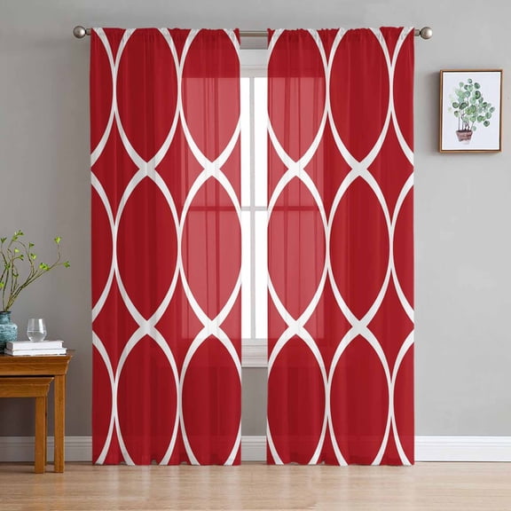 ERUNPONLY Red Abstract Sheer Curtains 63 Inch Length 2 Panels Set, Modern White Geometric Twisted Art Voile Window Treatment Curtains Sheers Drapes for Bedroom/Living Room/Kitchen 52x"63"x2