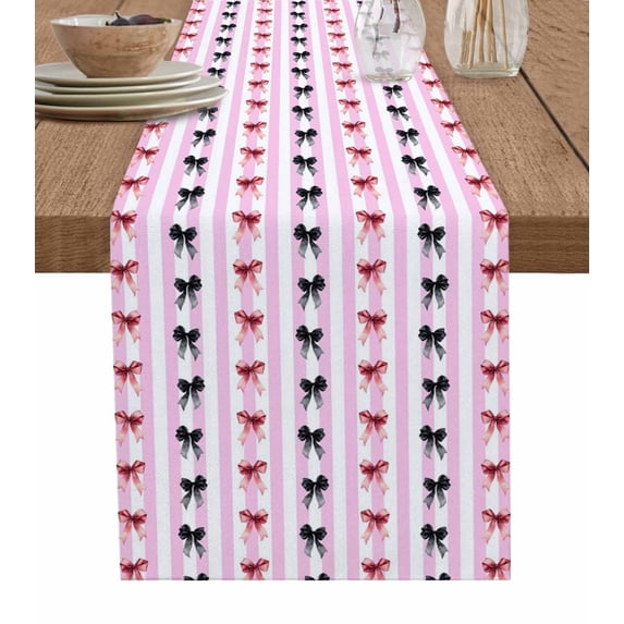 ERUNPONLY Red Black Bow Table Runner - 120 Inch Long Pink Striped Cute Romantic Art Cotton and Linen Blended Dress Scarves Farmhouse Table Runner for Kitchen Dining, Coffee Table, 13"x120"