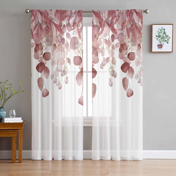ERUNPONLY Red Brown Botanical Sheer Curtains 72 Inch Length 2 Panels Set, Watercolor Spring Eucalyptus Leaves Voile Window Treatment Curtains Sheers Drapes for Bedroom/Living Room/Kitchen 52"x72"x2