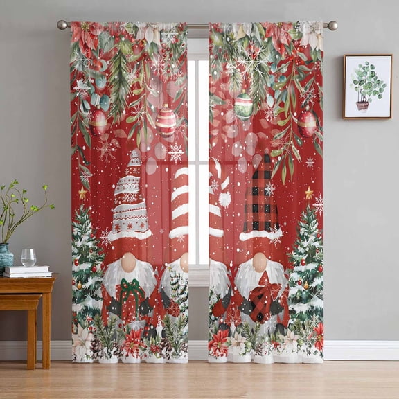 ERUNPONLY Red Christmas Sheer Curtains 72 Inch Length 2 Panels Set, Gnomes Xmas Tree Poinsettia Eucalyptus Voile Window Treatment Curtains Sheers Drapes for Bedroom/Living Room/Kitchen 52"x72"x2