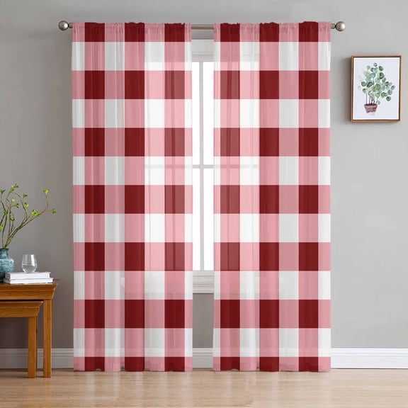 ERUNPONLY Red Farmhouse Sheer Curtains 63 Inch Length 2 Panels Set, Gradient Buffalo Plaid Lattice Grid Voile Window Treatment Curtains Sheers Drapes for Bedroom/Living Room/Kitchen 52x"63"x2