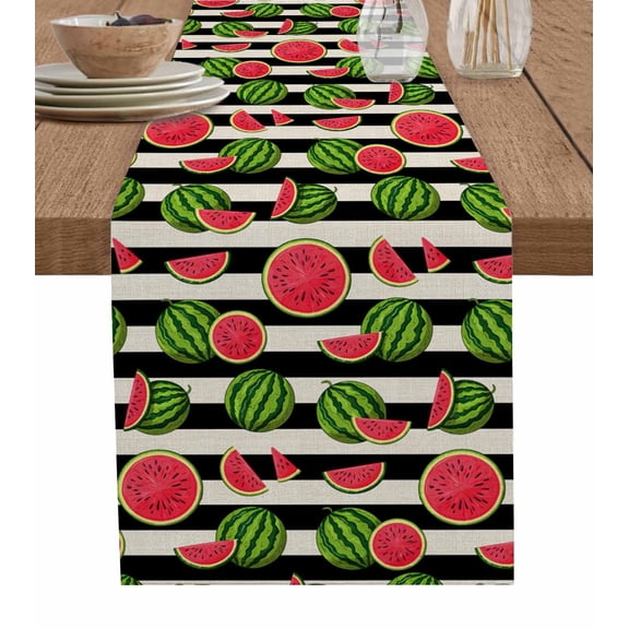 ERUNPONLY Red Green Watermelon Table Runner - 70 Inch Long Botanical Black White Stripe Vintage Cotton Linen Blended Dress Scarves Farmhouse Table Runner for Kitchen Dining, Coffee Table, 13"x70"